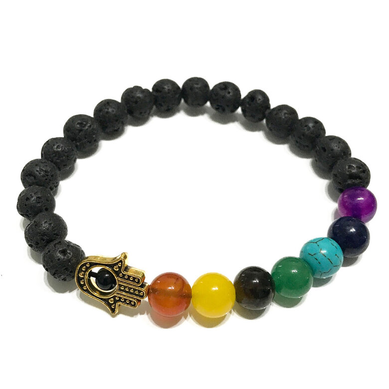 Lava Stone 7 Chakra Bracelet with Hamsa Charm