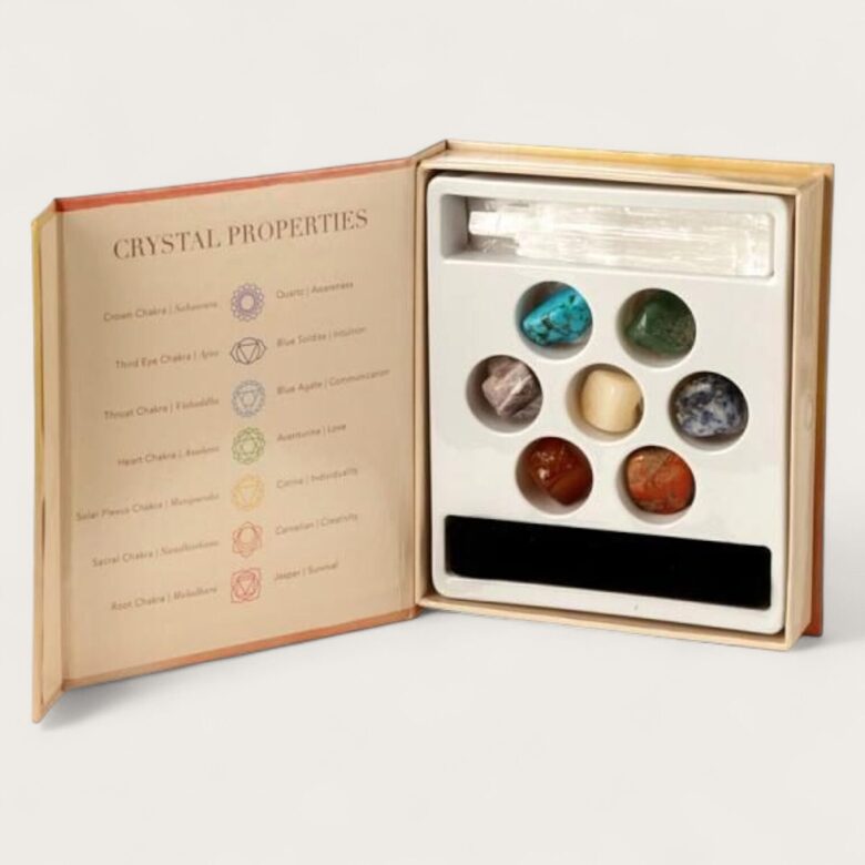 Kristālu komplekts 7 čakrām+ selenīta kristāls dāvanu kastītē