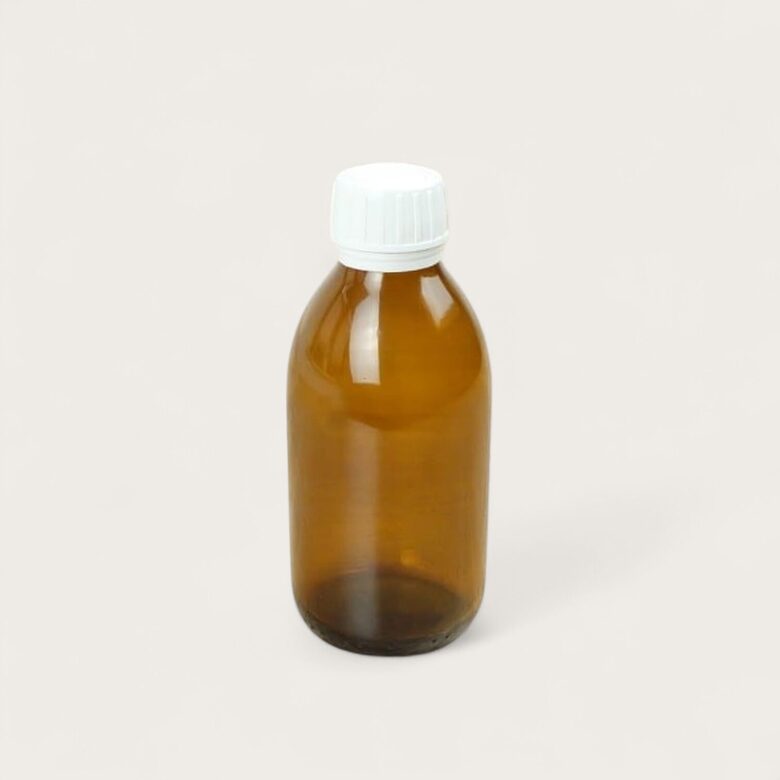 Stikla brūna pudele ar baltu vāciņu 200 ml