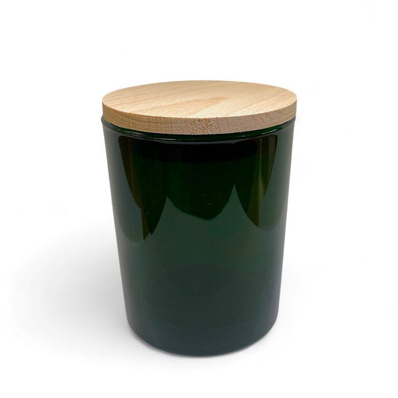 Stikla trauks svecēm Tumši zaļš ar koka vāku-  300 ml